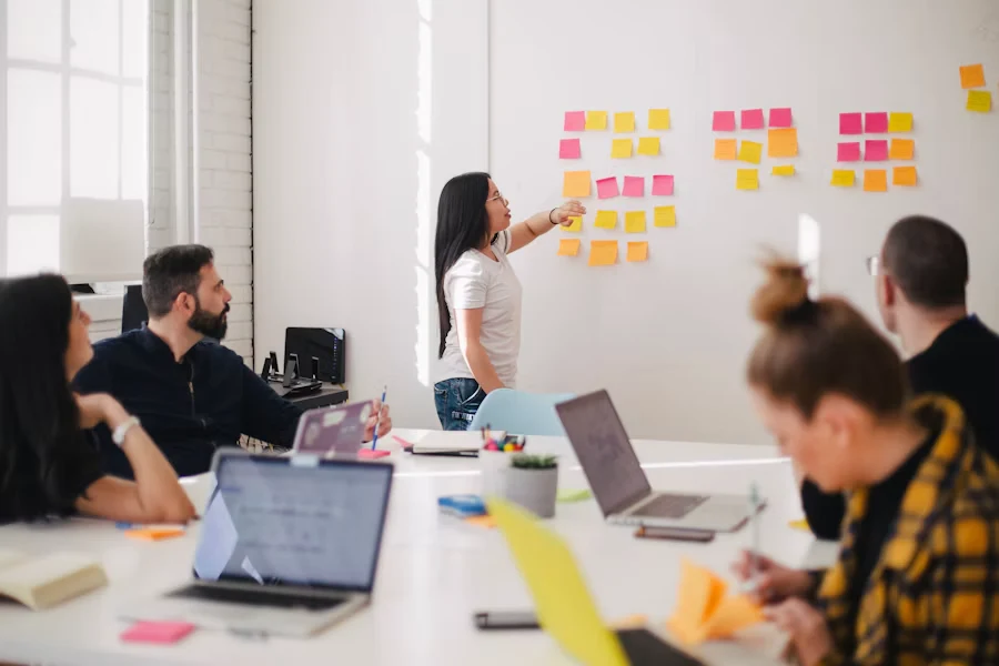 Team planning with notes on a wall